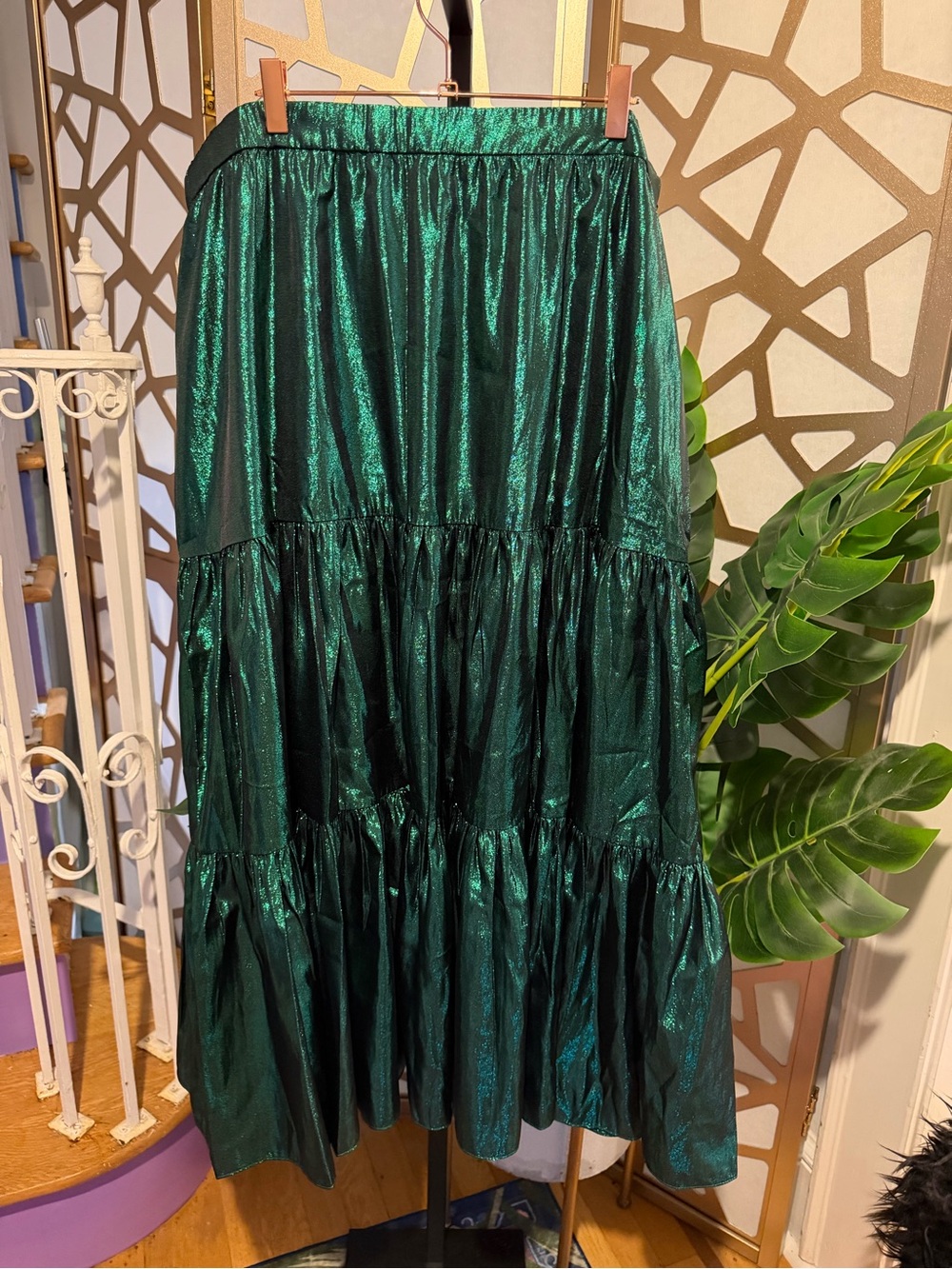 J. Crew Shimmering Forest Green Tiered Maxi Skirt